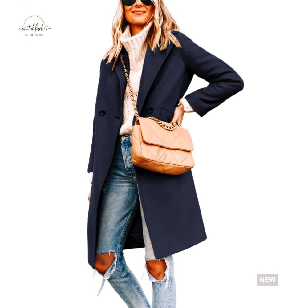 Winter Wool Peacoat with Notch Lapel, Slim Fit, Knee Length, Classic Style